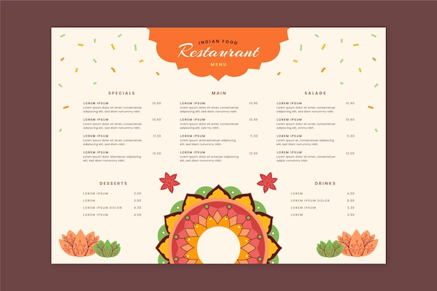 Vecteur menu indien design plat dessiné à la main