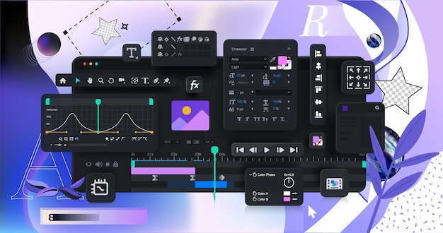 Vecteur menu d'interface et panneaux de programme pour la conception de mouvement sur un fond abstrait