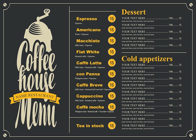 Vecteur menu avec liste de prix pour le café