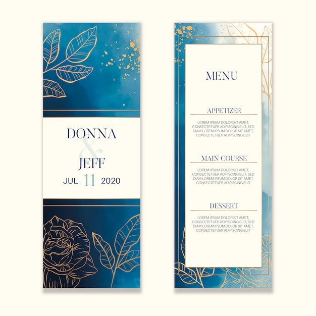 Vecteur menu de mariage à l'aquarelle avec des fleurs dorées