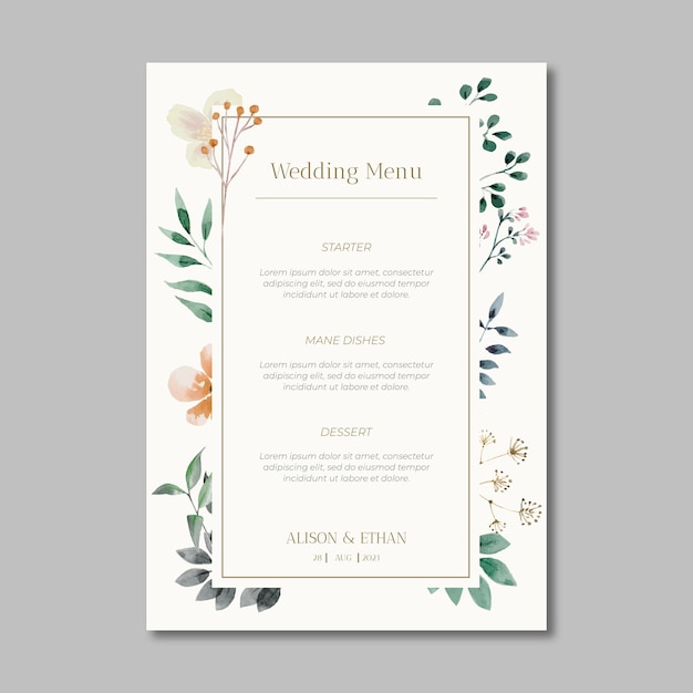 Vecteur menu de mariage floral