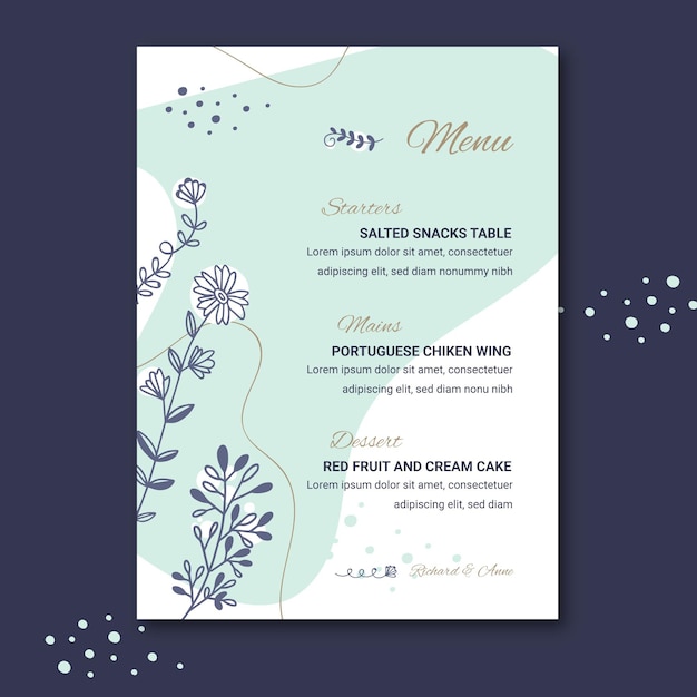 Vecteur menu de mariage floral