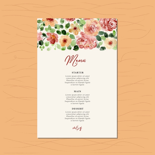 Vecteur menu de mariage avec tête d'aquarelle florale rouge