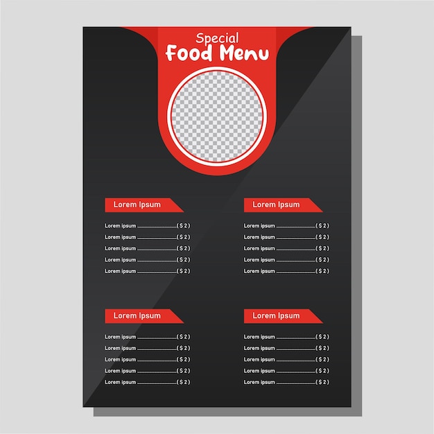 Vecteur un menu noir et rouge pour un menu alimentaire.