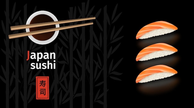 Vecteur menu de nourriture de sushi japonais bambous baguettes de nourriture de texture asiatique chinoise rouleaux de riz blanc sashimi avec saumon café d'asie orientale flyer d'invitation illustration vectorielle bannière néotérique dessin noir