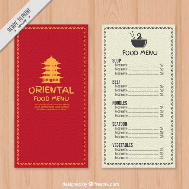 Vecteur menu oriental rouge avec un dessin du temple jaune