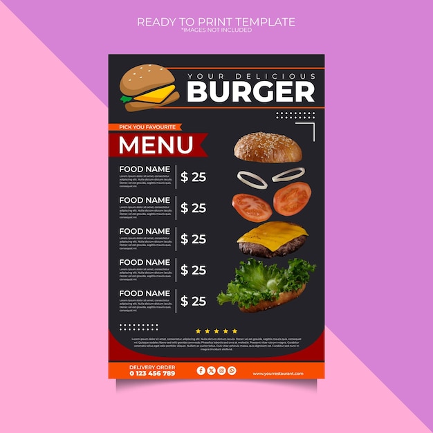 un menu pour un restaurant de burgers est affiché sur un fond violet
