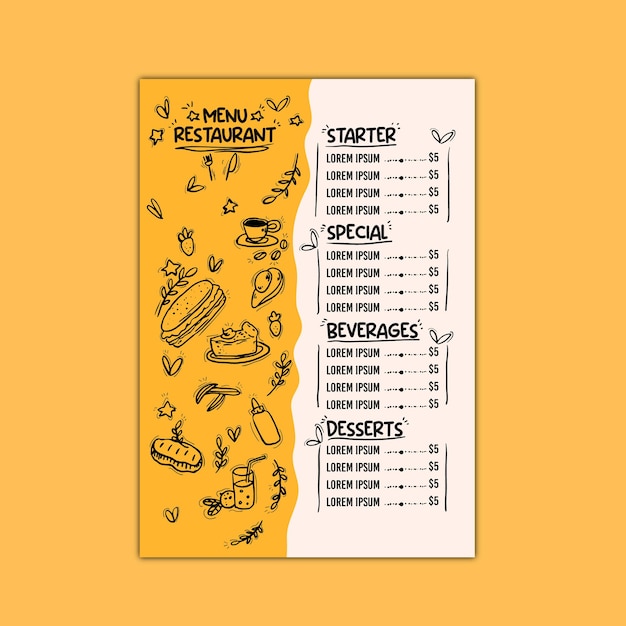 Vecteur un menu pour le restaurant est affiché avec le menu étant le premier du menu.