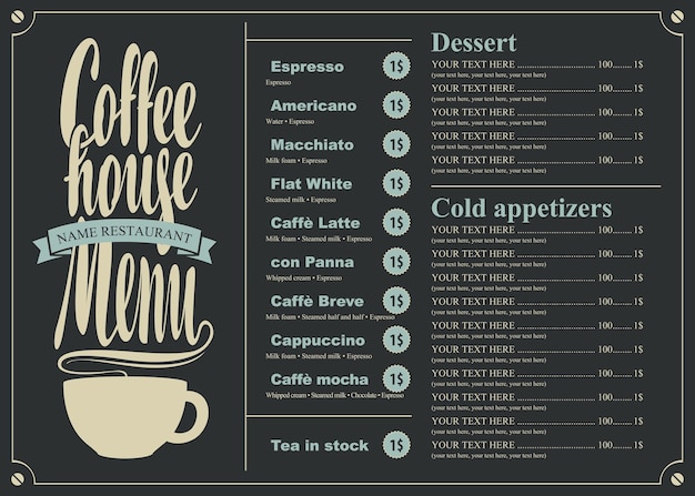 Menu avec prix pour le café