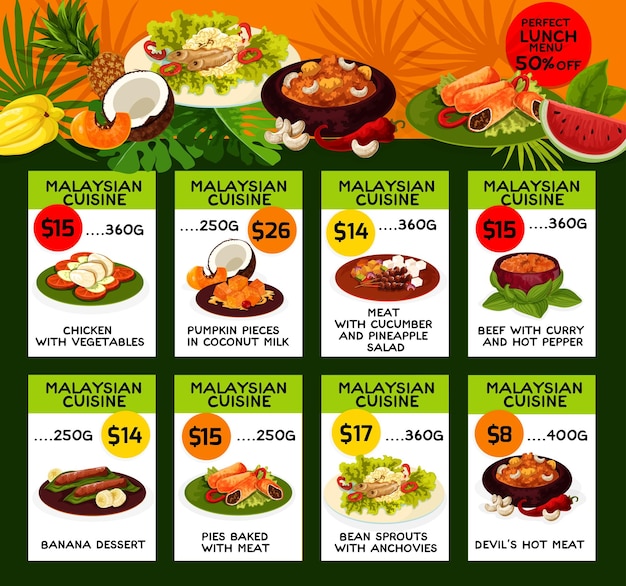 Vecteur menu de prix de vecteur pour le déjeuner de cuisine malaisienne
