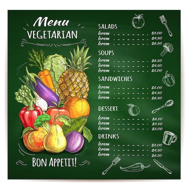 Menu De Restaurant De Cuisine Végétarienne Avec Légumes Esquissés