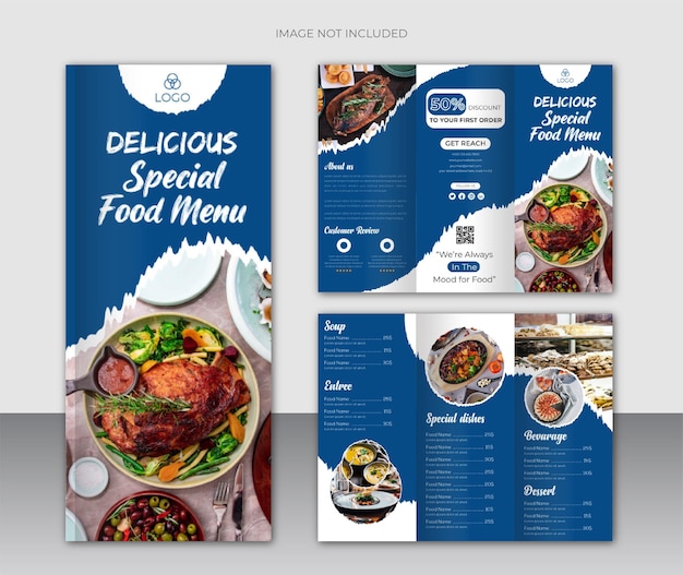 Menu De Restaurant Et Modèle De Conception De Brochure à Trois Volets Avec Couleur Bleue Et Blanche