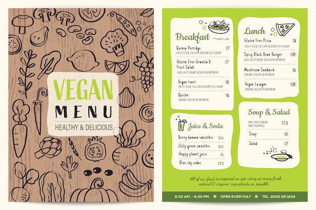 Vecteur menu de restaurant végétalien avec texture en bois