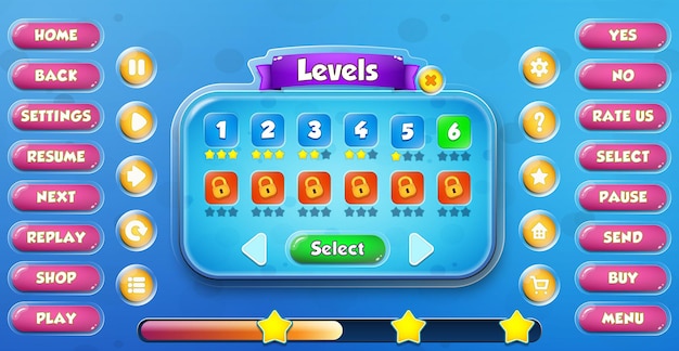 Menu de sélection de niveau d'interface utilisateur de jeu de dessin animé pour enfants