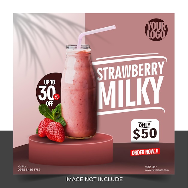 Menu Strawberry Milky et modèle de bannière de restaurant sur les réseaux sociaux