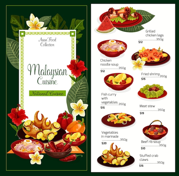 Vecteur menu vectoriel de plats traditionnels de la cuisine malaisienne