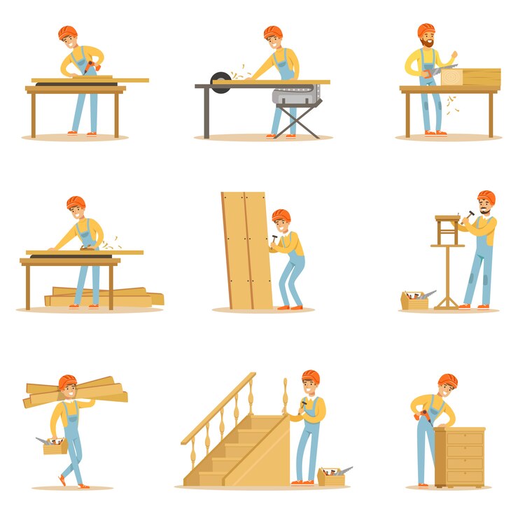 Vecteur menuisier en bois professionnel au travail, fabrication de meubles en bois et d'autres illustrations d'éléments de construction