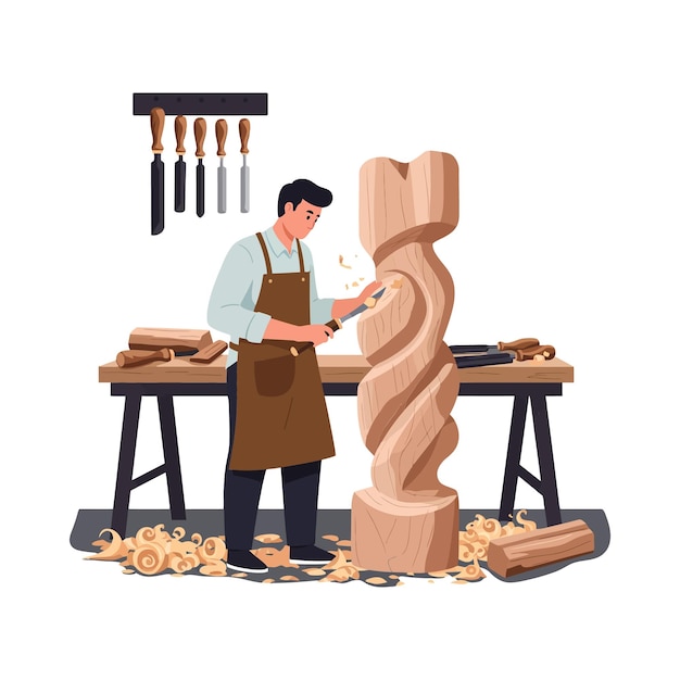 Un menuisier façonne une sculpture en spirale en bois dans un atelier avec des outils et des copeaux.