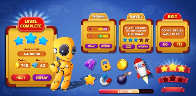Vecteur menus du kit d'interface utilisateur de jeu occasionnel, écrans contextuels et éléments de jeu