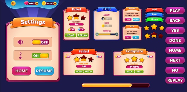 Menus du kit d'interface utilisateur de jeu occasionnel, écrans contextuels et éléments de jeu