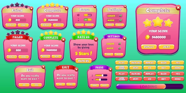 Menus du kit d'interface utilisateur de jeu occasionnel, écrans contextuels et éléments de jeu