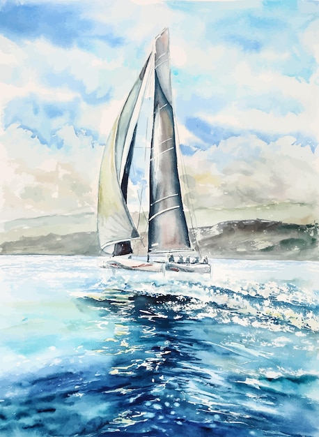 Mer bateau à voile yacht illustration aquarelle paysage marin