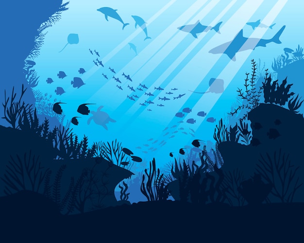 Vecteur mer sous l'eau. fond de l'océan avec des algues. scène marine