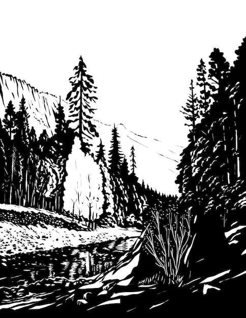 Merced River dans le dessin de style bande dessinée du parc national de Yosemite