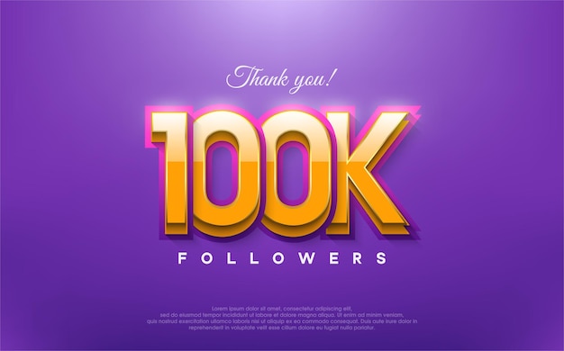 Merci 100 000 abonnés conception 3d avec orange sur fond bleu vecteur Premium pour affiche bannière célébration salutation