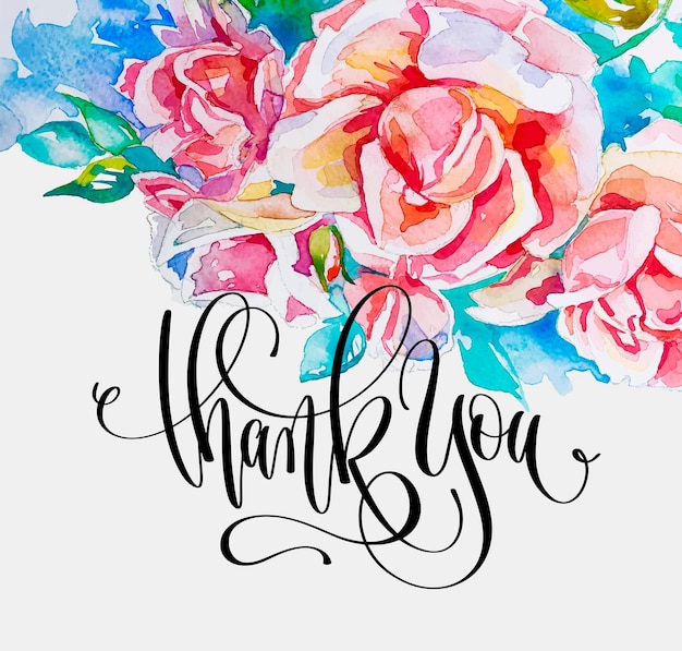 Merci Main Lettrage Texte Sur Rose Rose Aquarelle à La Main