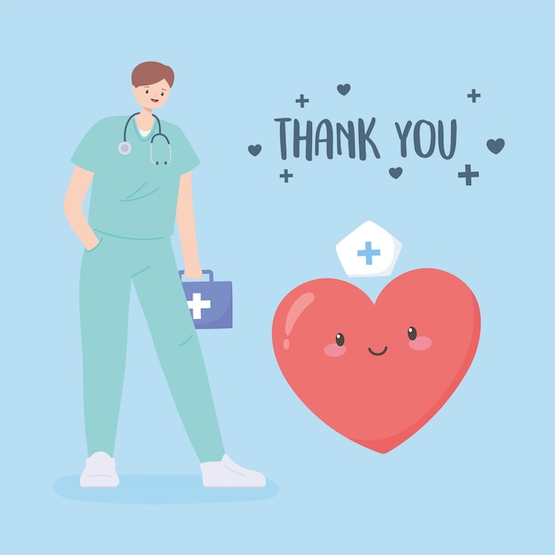 Merci Médecins Et Infirmières, Médecin Avec Kit De Premiers Soins Et Dessin Animé Coeur