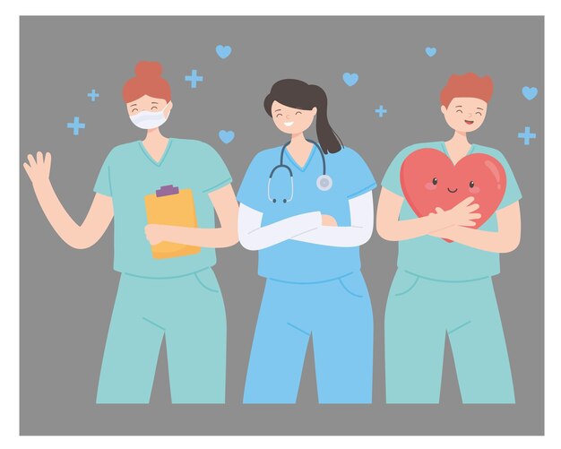 Merci médecins et infirmiers équipe médicale en masque de protection avec clipboard vecteur