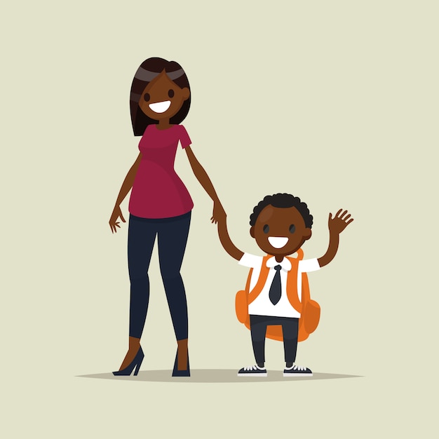 Vecteur mère afro-américaine avec son enfant écolier.