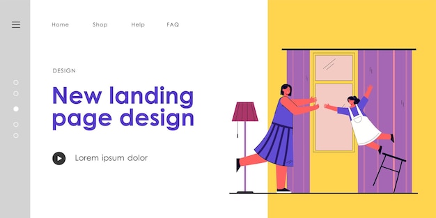 Vecteur mère attrapant sa fille qui tombe. femme essayant d'aider une fille tombant d'une chaise. maman inquiète regardant l'enfant. petite fille effrayée. concept de traumatisme et d'accident pour la bannière, le site web ou la page de destination