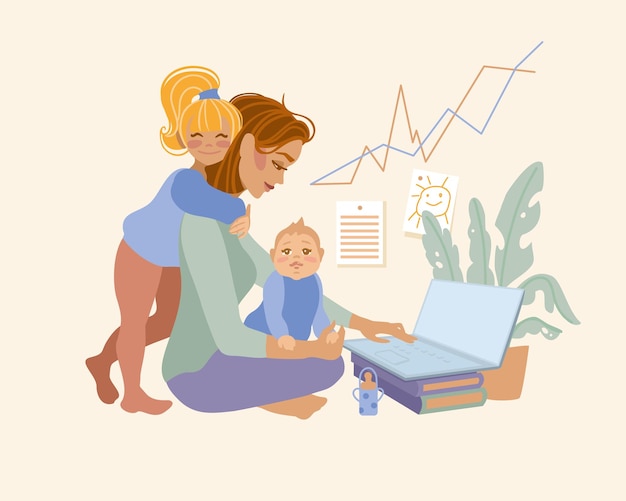 Vecteur mère avec bébé dans les bras travaille en ligne maman travailleuse travail à distance freelance
