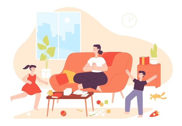 Mère calme. Maman fait des exercices de yoga et de méditation et des enfants coquins bruyants sautent. Chaos à la maison et patience parentale, concept de vecteur de dessin animé. Méditation de mère d'illustration, relaxation de sport calme