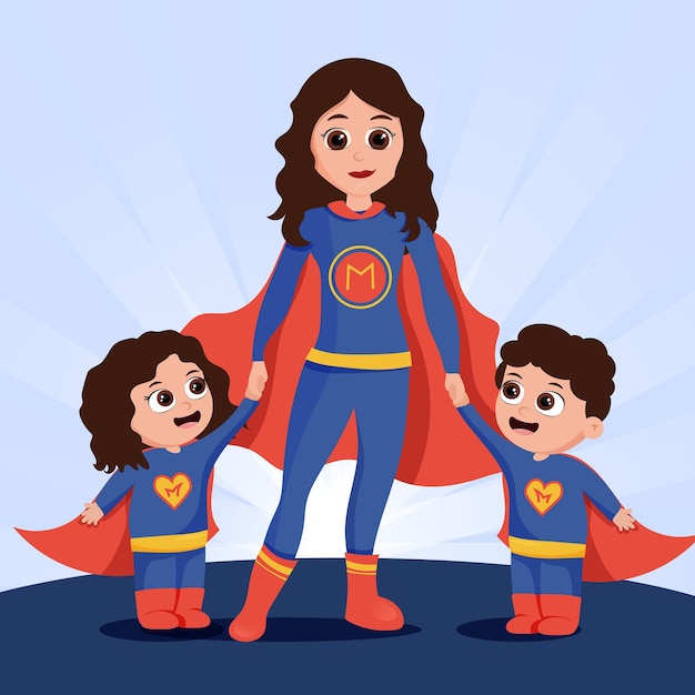 Une Mère En Costume De Super-héros Avec Une Lettre M Sur Sa Poitrine Et Leurs Deux Enfants