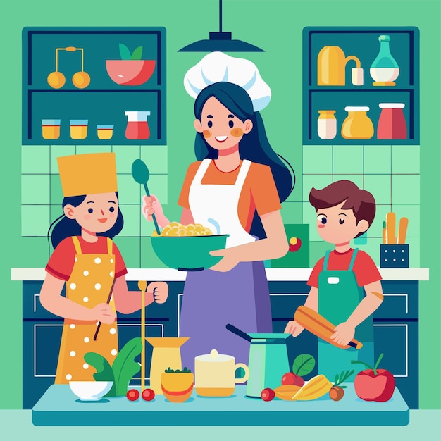 Vecteur mère et deux enfants cuisinant dans la cuisine une illustration colorée d'une mère cuisinant avec ses enfants dans la cuisine illustration vectorielle plate simple et minimaliste