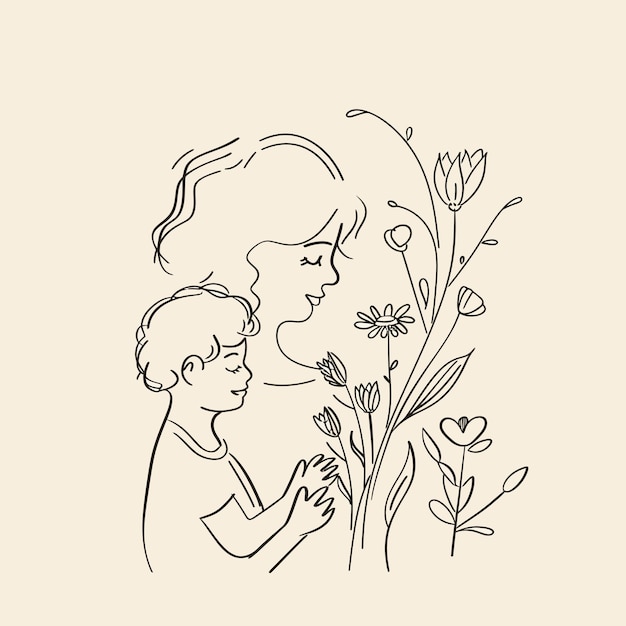 Vecteur mère enfant et fleurs style minimal journée des mères