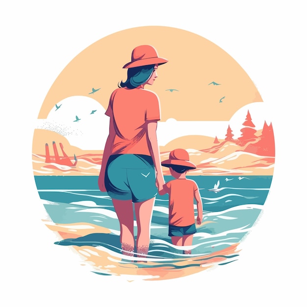 Mère et enfant se tenant la main sur l'illustration de dessin animé de plage