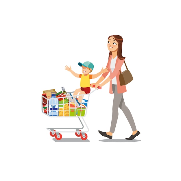 Mère Faisant Des Achats Avec Son Fils Cartoon Vector