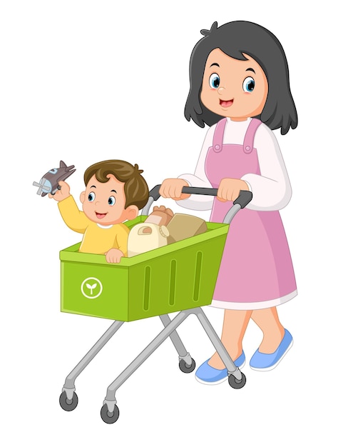 Enfants Courses Au Supermarché Avec Une Jeune Mère Poussant Son