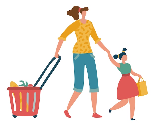 Mère Et Fille Au Supermarché Ensemble Femme Avec Panier Tenant La Main De L'enfant