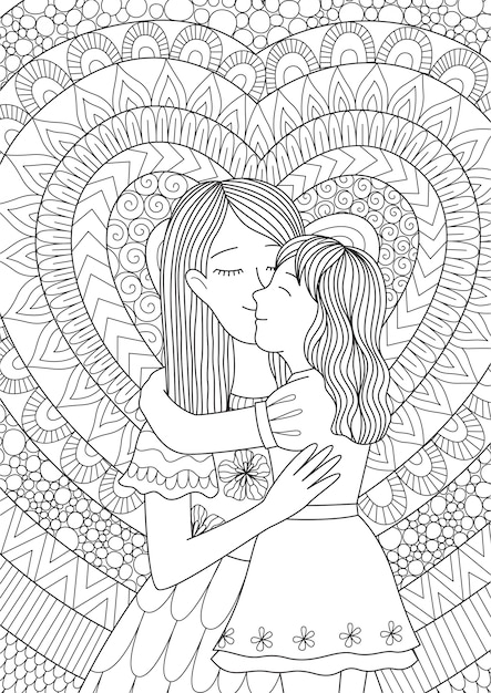 Mère et fille avec fond de coeurs