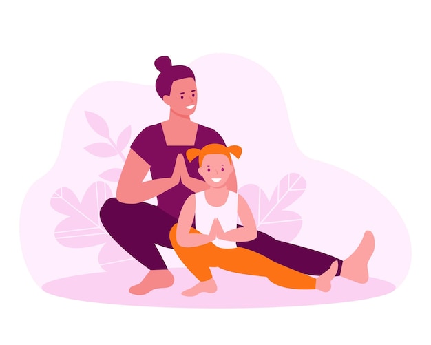 Mère Et Fille Font Du Yoga. Concept De Cours De Fitness En Famille. Illustration Vectorielle En Style Cartoon Plat.