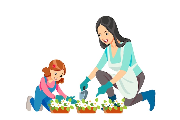 Mère et fille jardiner ensemble planter des fleurs dans le jardin