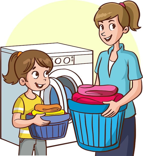Vecteur mère et fille laver les vêtements dans le vecteur de dessin animé de machine à laver