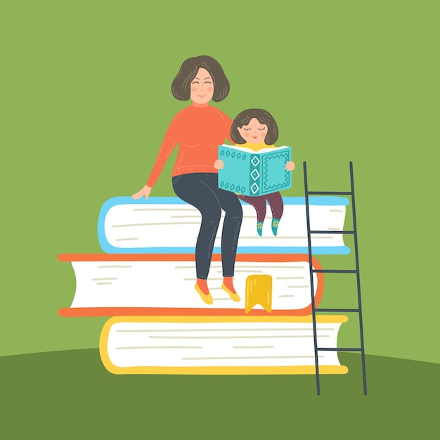 Vecteur mère avec fille livre de lecture assis sur une pile de livres education étudiant l'apprentissage du concept homeschool