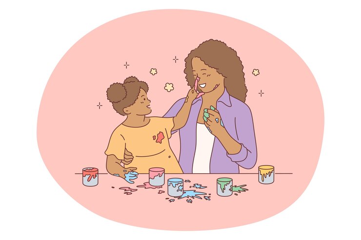 Mère et fille, maternité, activités avec le concept d'enfants. Caricature de mère jeune femme noire