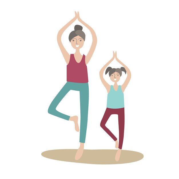 Mère et fille pratiquant le yoga debout sur une jambe. Sports en famille et activité physique avec enfants, loisirs actifs communs. illustration dans le style, sur blanc.